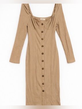 New body shaped fitting soft and feminine Tan Long Sleeve Button-Front Dress